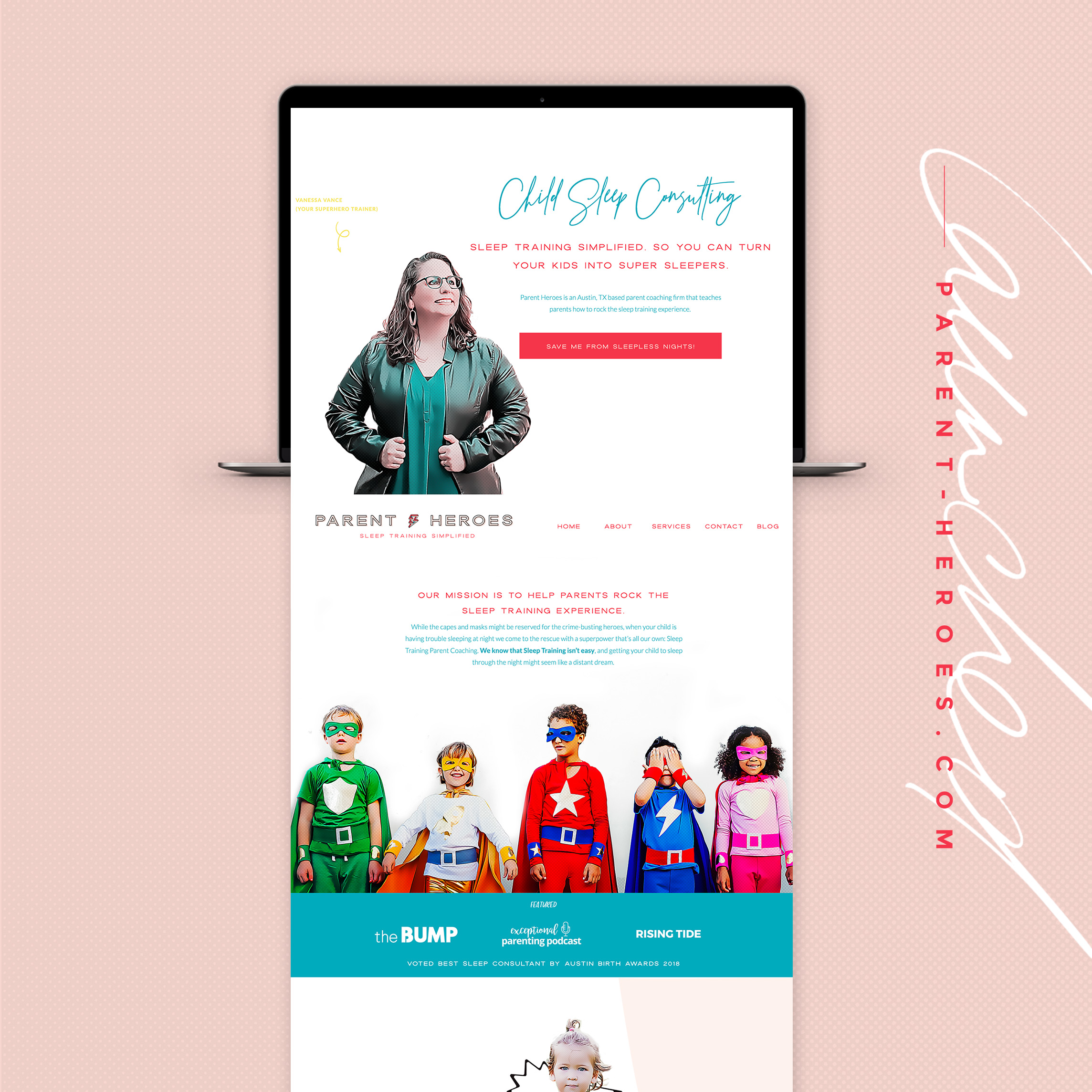A child sleep consultant brand for Parent Heroes located in Austin, Texas. Check out the brand and Showit website design by Carrylove Designs.